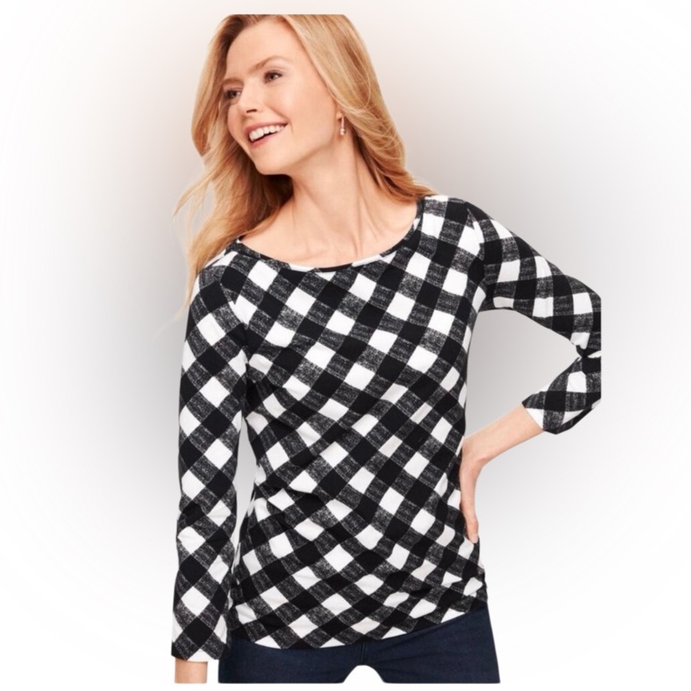 The Talbots Tee Black and White Buffalo Check Boatneck 3/4 Sleeve XS